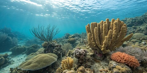 Sponges underwater in the Mediterranean sea, featuring the sea habitat of Aplysina cavernicola