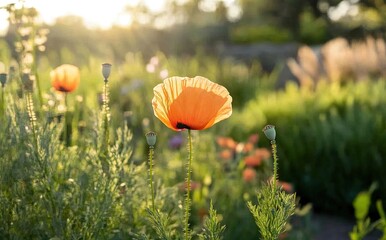 Naklejka premium A close-up of an orange poppy flower in full bloom, with the background blurred to emphasize its beauty and softness.