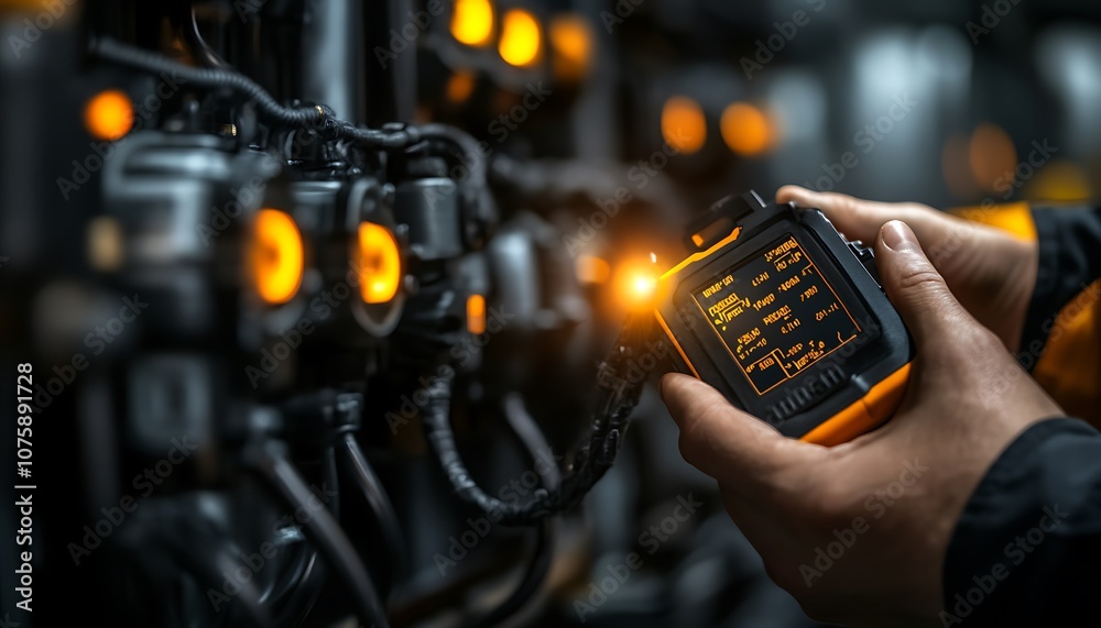 Poster A close-up of a hand holding a monitor displaying data next to illuminated control panels in an industrial setting.