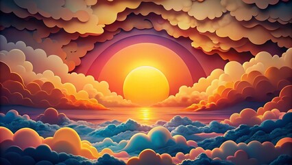Fototapeta premium Panoramic Sunset Sky with Colorful Clouds and Sun in Paper Art Style, 3D Illustration Capturing a Dreamy Atmosphere for Stunning Visuals and Unique Decor Options