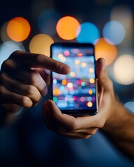 Close-up of hands using a smartphone with colorful bokeh background