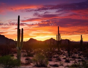 Silhouetted Cacti in Sunset Desert