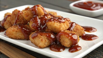 Crispy chicken nuggets with smoky barbecue sauce on a white plate, chicken, nuggets, crispy, fried, food, snack, meal, BBQ