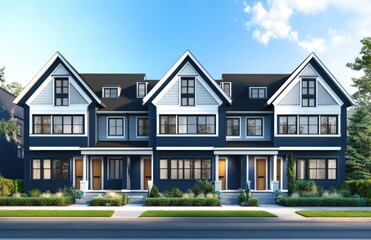 new townhouses with dark blue and white exterior walls, nestled in the heart of a dangerous neighborhood