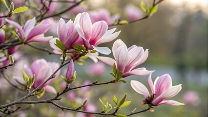 Obraz premium Close up of vibrant magnolia flowers blooming on a bush in a spring nature garden, magnolia, flowers, close-up, bush, spring