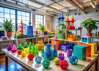 Panoramic View of Innovative 3D Printed Items Showcasing Technology and Creativity in a Modern Workspace Environment with Vibrant Colors and Intricate Designs