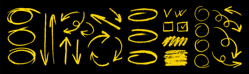 Set of yellow design element drawn by chalk on black background. Collection of vector grunge arrows and ellipse. Vector horizontal chalk elements for notes.
