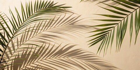 Obraz premium Palm leaves casting shadow on beige background, motion freeze, palm leaves, shadow, beige, background, motion, freeze