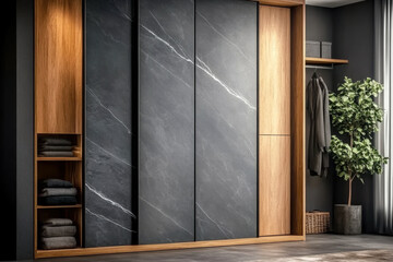 Dark Wooden wardrobe with black marble doors in scandinavian style interior design of modern bedroom
