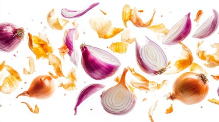 38.Whole onions, halved onions, and peeled onion layers flying in mid-air, isolated against a bright white background. The layers of the onions unravel as they float, showcasing their intricate
