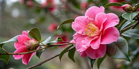 Obraz premium Closeup of a beautiful camellia japonica flower blooming in bright colors , background, beauty, bloom, blooming