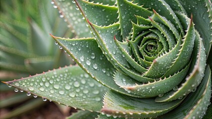 Closeup of a spiral aloe vera plant covered with water drops, spiral, aloe vera, plant, water drops, closeup, nature, succulent