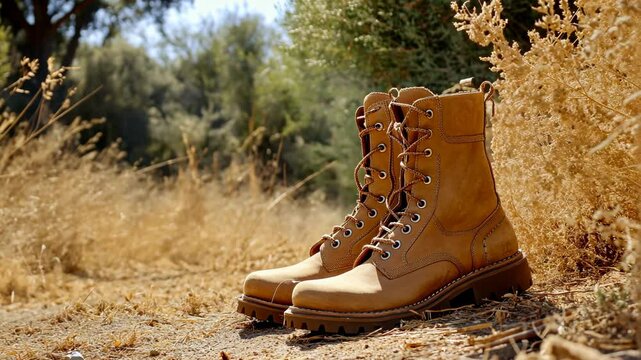 Brown leather boots are sitting on a patch of dry ground