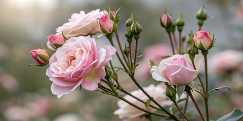 Fototapeta premium Close-up of delicate rosebuds and petals with blurred background, roses, flowers, petals, buds, beauty, fragrance, organic