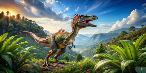 Fototapeta premium Realistic depiction of a Dilophosaurus dinosaur in its natural habitat during the early Jurassic period in the United States, showcasing vibrant colors and intricate details in a high depth