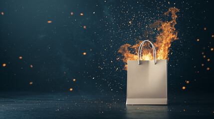 Burning Desire: A paper shopping bag engulfed in flames against a dark background, representing the intense passion and excitement of consumerism and the allure of shopping.  