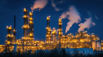 Obraz premium Close-up of refinery towers and pipelines glowing under bright