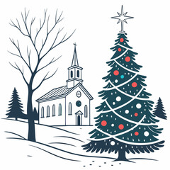 Christmas card with Christmas tree and gifts with Christmas decorating ideas with Christmas tree and church for happy ' Christmas Day ' greetings 