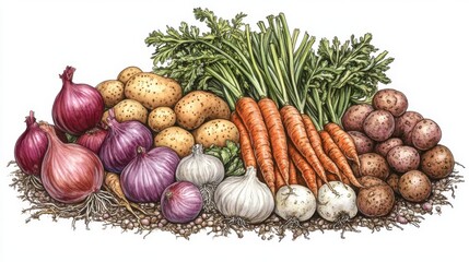 23.A vibrant, illustrative pile of root vegetables, featuring richly colored carrots, turnips, onions, and potatoes. The drawing emphasizes the distinct shapes and earthy tones of each vegetable,