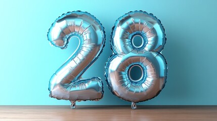 Silver number 28 balloons on a blue background.