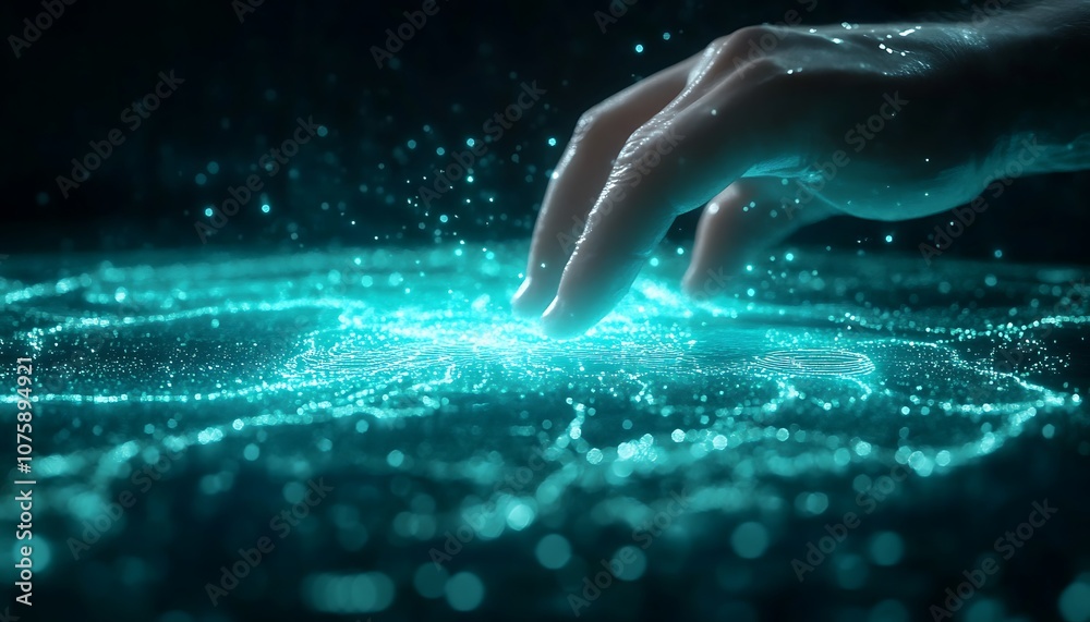 Poster a glowing hand hovers over a luminous surface, surrounded by particles, evoking a sense of interacti