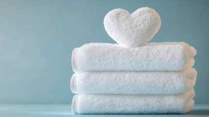 stack of soft, white towels with a heart-shaped towel on top