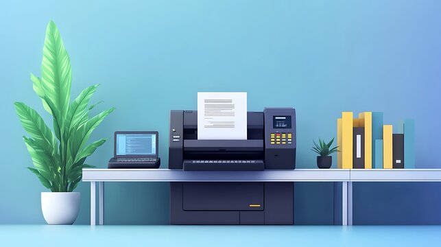 A modern workspace featuring a printer, laptop, plants, and organized files.