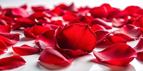 Romantic Red Rose Petals on a White Background for Beauty and Cosmetics, Evoking Love and Elegance in a Captivating Still Life Arrangement