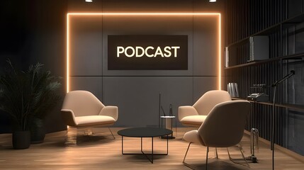 Modern, clean-lined podcast studio with minimalist decor; a bold "PODCAST" sign on the wall adds a professional touch.
