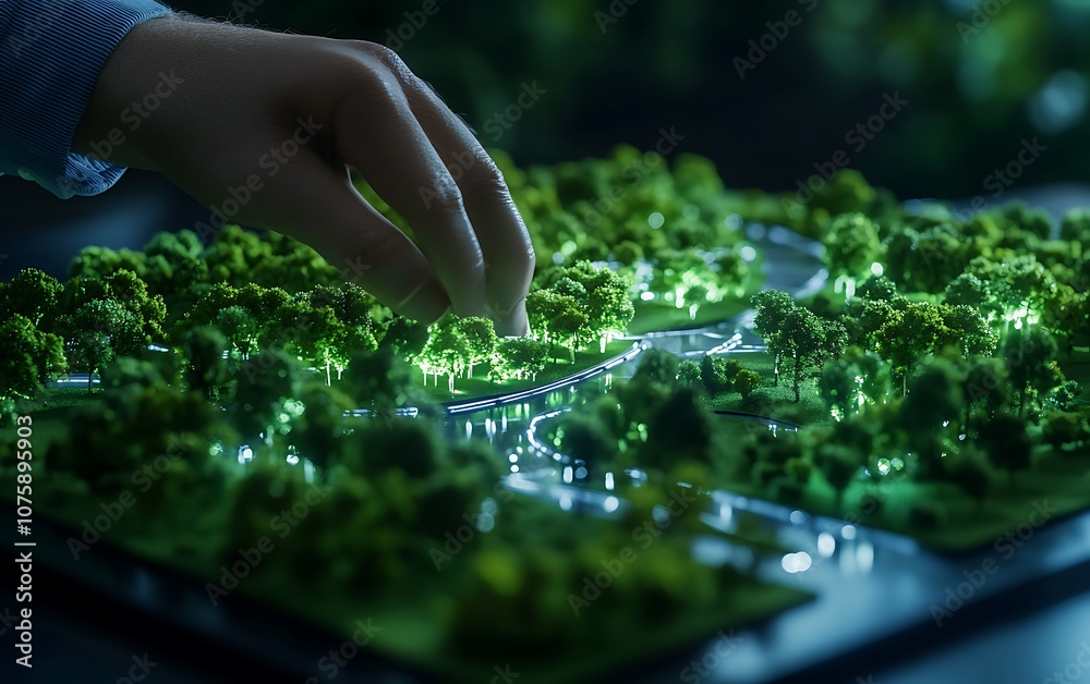 Poster a hand interacts with a miniature landscape model featuring green trees and illuminated paths, showc