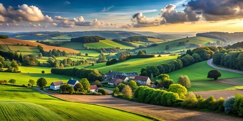 Fototapeta premium Scenic Landscape of Belgium's Green Countryside with Rolling Hills and Vibrant Fields, Showcasing the Natural Beauty and Health of the Region for Ministerial Initiatives