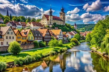 Scenic View of Market Town of Marktbreit Along the River Main in Bavaria, Featuring Historic Architecture, Lush Greenery, and Vibrant Local Life in a Picturesque Setting