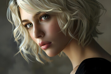 Fototapeta premium Close-up portrait of a young Caucasian woman with short, wavy blonde hair, showcasing her striking blue eyes and soft, natural makeup.