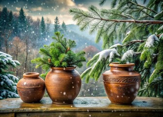 Elevate your seasonal decor with ceramic pots showcasing evergreen branches, bringing a touch of winter rustic charm and cozy aesthetics to your home this season.