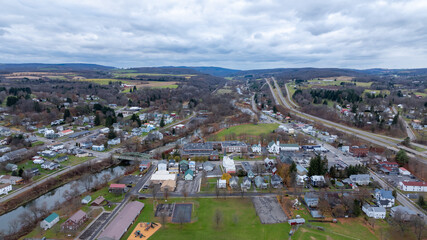 Aerial image over Marathon, NY on a cloudy, overcast fall afternoon, November 11, 2024.	