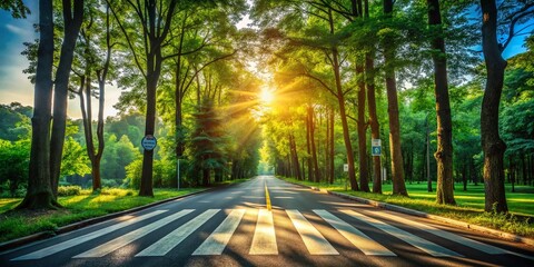 Serene Crosswalk on an Abandoned Forest Road Surrounded by Lush Greenery and Sunlight Filtering Through Trees, Evoking Tranquility and Nature's Beauty