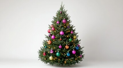 Fully decorated Christmas tree on a plain white background, with vibrant ornaments and lights.