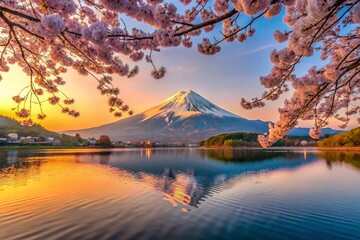 Obraz premium Serene Japanese Landscape Featuring Mount Fuji at Sunrise with Cherry Blossoms and Tranquil Lake Reflections in a Stunning Candid Photography Style