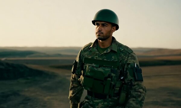 Seorang pria dengan seragam tentara di Padang rumput yang luas 