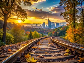Fototapeta premium Serene Macro Landscape of a Train Road with City Skyline in the Background, Enveloped by Lush Forests and Nature's Beauty at the Golden Hour