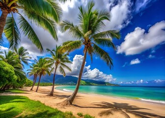 Fototapeta premium Serene Minimalist Landscape of Kanaha Beach Park in Maui: Tranquil Waters, Soft Sand, and Lush Greenery Under a Clear Sky, Perfect for Nature Lovers and Relaxation Enthusiasts