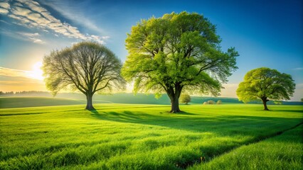 Fototapeta premium Serene Minimalist Spring Landscape Featuring Lush Green Grass and Majestic Trees Under a Clear Blue Sky for Nature Lovers and Tranquil Retreats