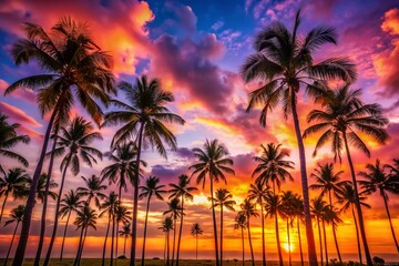 Obraz premium Serene Palm Trees Silhouetted Against a Vibrant Sky at Sunset, Capturing the Essence of Tropical Paradise and Nature's Beauty in a Conceptual Photography Style