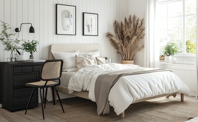 Modern Bedroom Interior Design with White Bed  Wooden Floor  and Natural Decor