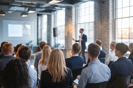 group of people attending a presentation in a modern, well-lit room with large windows and exposed brick walls. 
