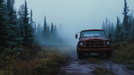 In the foreground, a rusted truck rests on an overgrown dirt road