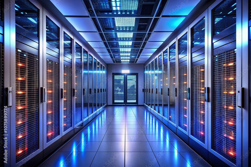 Poster server room corridor with illuminated data storage units showcasing modern technology and advanced i