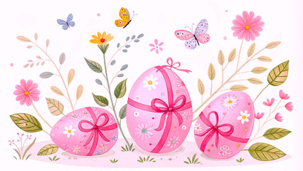 happy easter floral design with colorful eggs, butterflies, and spring flowers