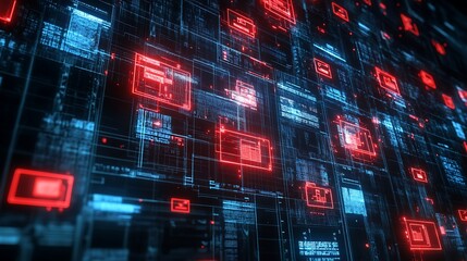 Obraz premium A digital network visualization with glowing red and blue data elements, representing technology and information flow.