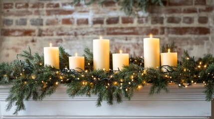 Christmas candles on festive mantel with pine garland and lights, cozy holiday atmosphere